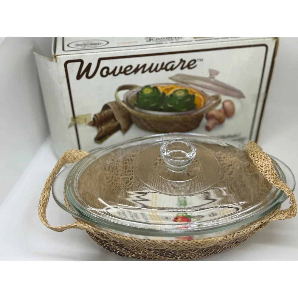 VTG Glasbake‎ Wovenware Casserole Dish Clear Glass Woven Basket 1 Qt 32 Oz 225WW